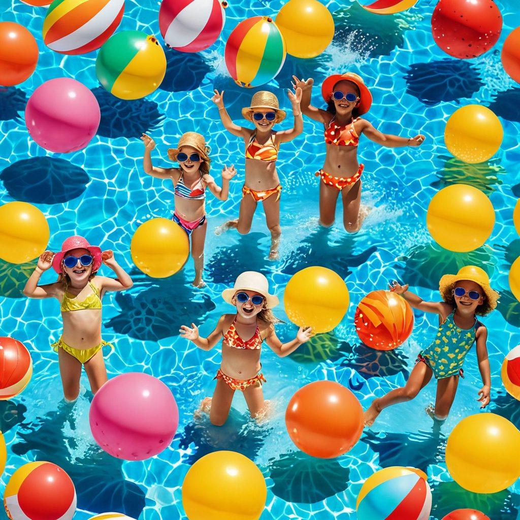 A vibrant scene of children joyfully splashing in a pool, showcasing a variety of stylish summer swimwear in bright colors and playful patterns. Include inflatable floaties, beach balls, and accessories like hats and sunglasses. The sun is shining brightly, casting warm tones over the scene, creating a sense of summer fun and excitement. Capture the essence of summer laughter and joy. super-realistic. vibrant colors. bright background.
