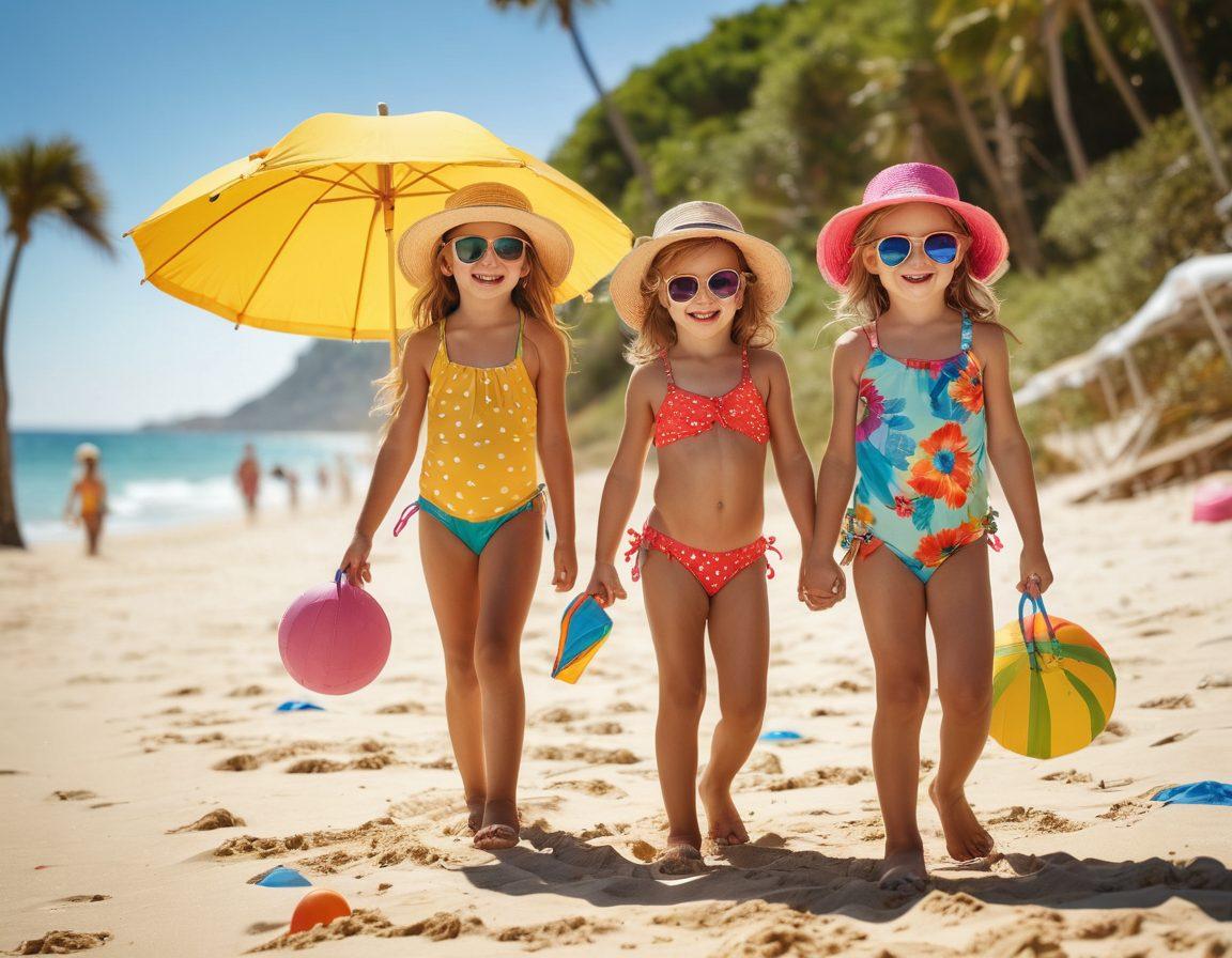 A vibrant beach scene featuring stylish kids playing in the sand, showcasing the latest trends in beachwear such as colorful swimsuits and playful accessories. In the background, bright umbrellas and beach toys add to the fun atmosphere. The sun shines brightly overhead, casting a warm glow on the joyful faces. Capture a sense of summer adventure and fashion in its full glory. super-realistic. vibrant colors. bright background.