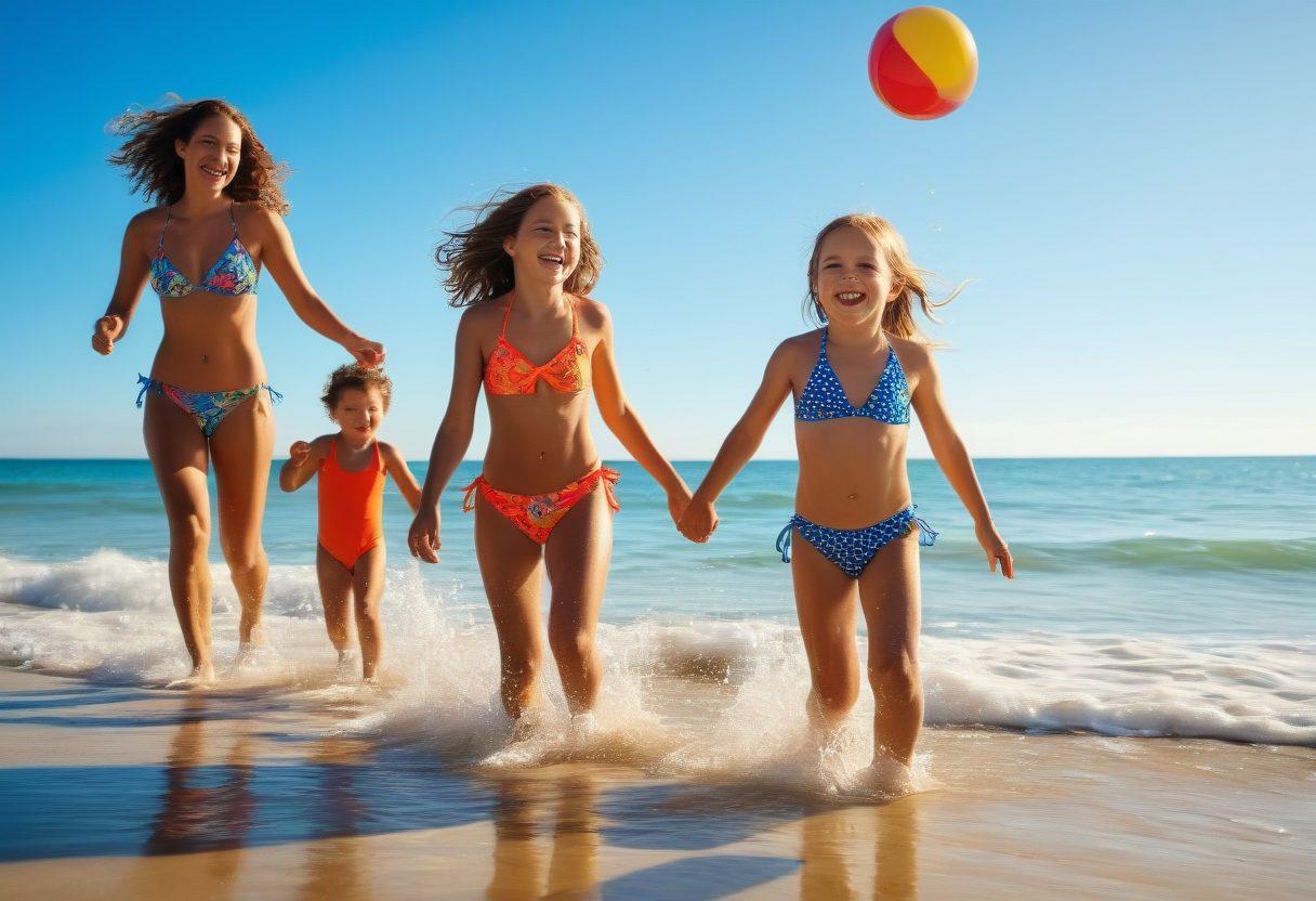 A lively family at a beach, joyfully splashing in the waves while wearing colorful, playful swimwear. The scene captures laughter and candid moments, with kids playing with beach balls and parents sharing smiles. Bright blue sky, sparkling water, and sandcastles in the background create a vibrant atmosphere. Sunlight reflecting off the water adds warmth. super-realistic. vibrant colors. sunny day.